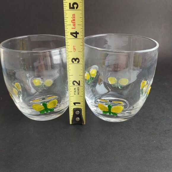 Pair Hand Blown Art Glass Tumbler Glasses Votives Fused Yellow Green Butterflies - Picture 6 of 6